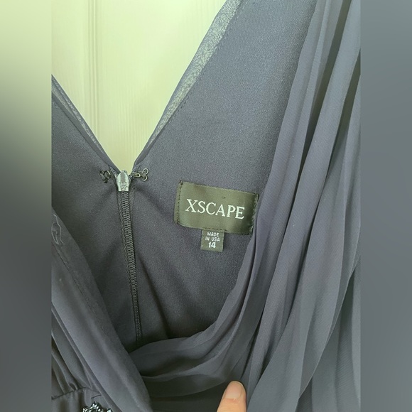 Xscape formal dress navy blue pleated sleeveless straps beading size 14 wedding - Picture 7 of 14